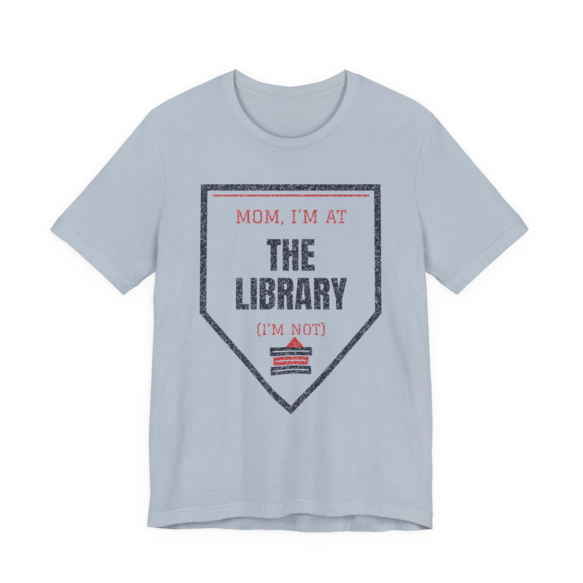 Light blue graphic t-shirt with triangular "I'm at the library" text print