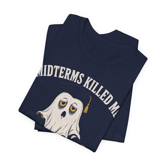 Navy graphic T-shirt, angled view, cartoon ghost and arched text print