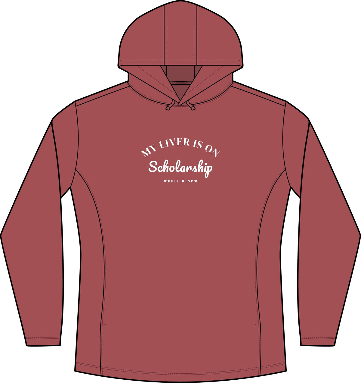 Women's deep red heather hoodie with chest graphic, hood and front pouch pocket