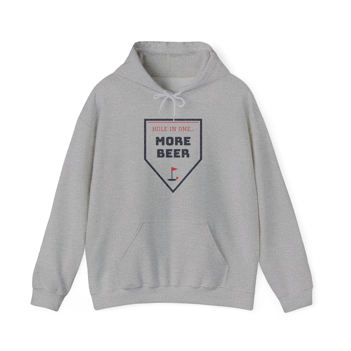 Gray hoodie with pocket and 'More Beer' graphic