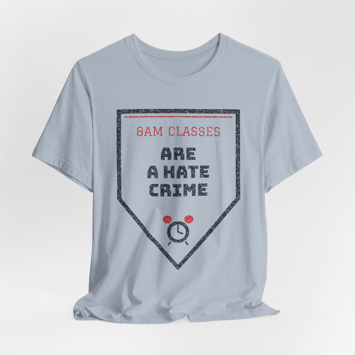 Light blue short-sleeve crewneck T-shirt with “8AM CLASSES” front graphic