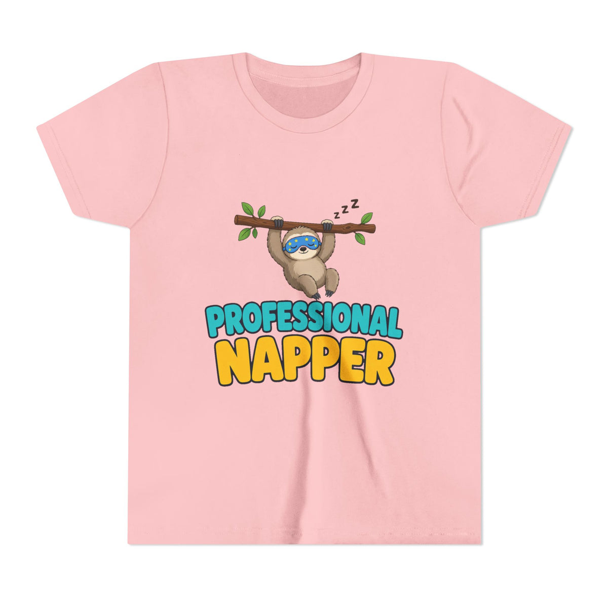 Kids pink crew-neck tee with sloth under "PROFESSIONAL NAPPER" front graphic