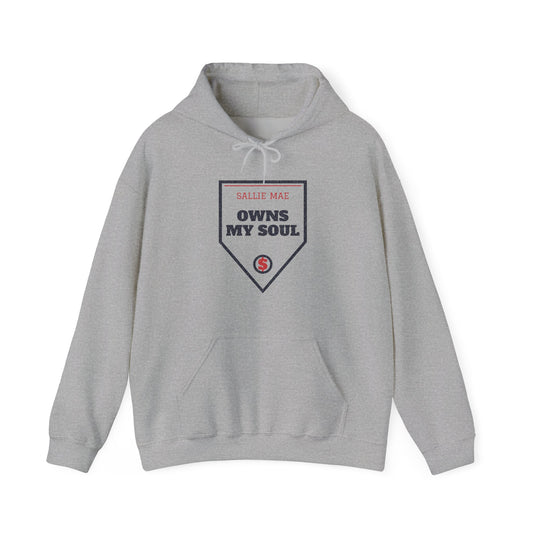Sport grey pullover hoodie with front pocket, drawstring hood, and “Owns My Soul” graphic
