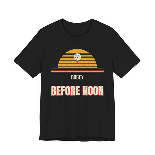 Black t-shirt with yellow-red golf striped graphic and text: BOGEY BEFORE NOON