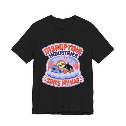 Black graphic T-shirt with “DISRUPTING INDUSTRIES” and bear sleeping in clouds