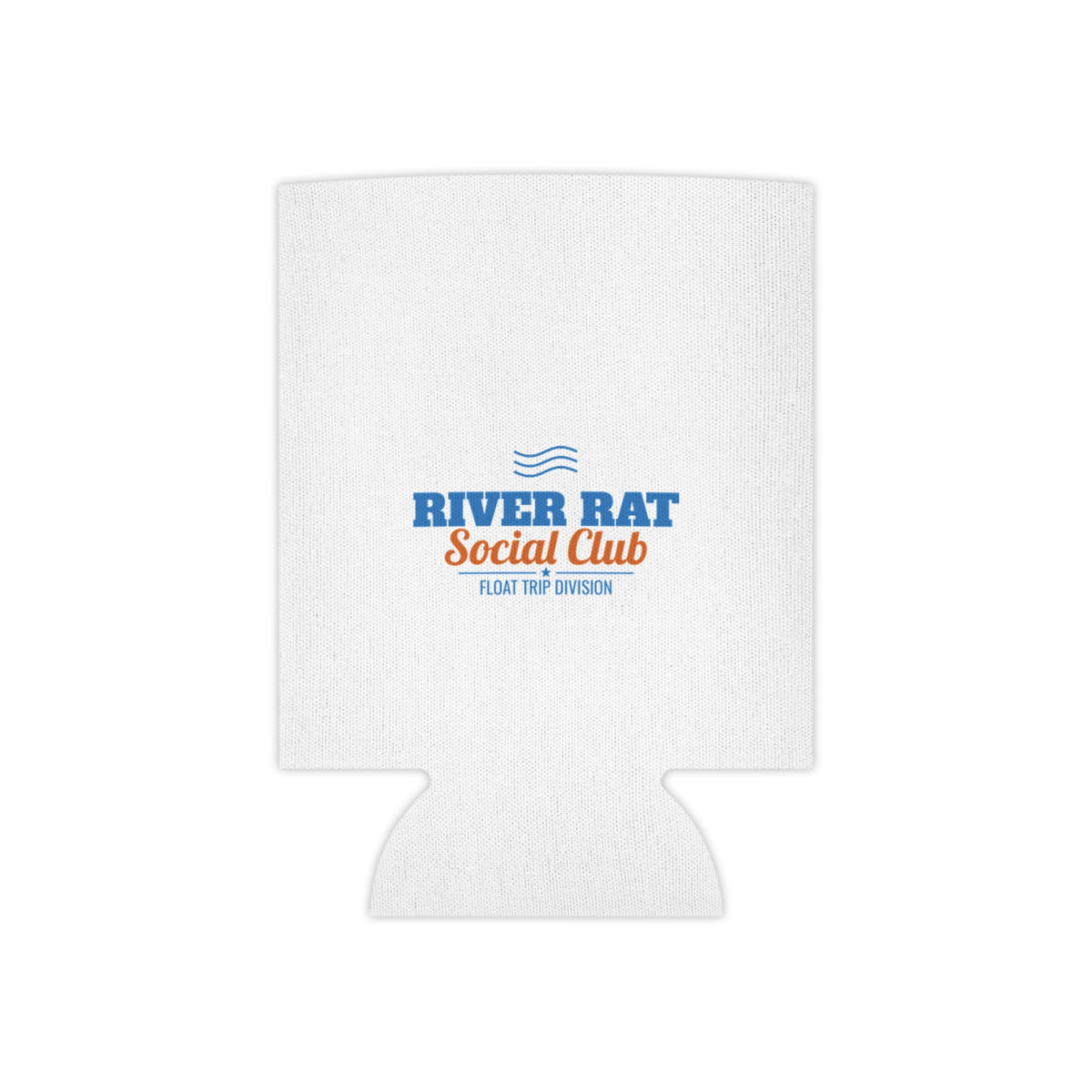 White can koozie with River Rat Social Club logo and blue waves above the text