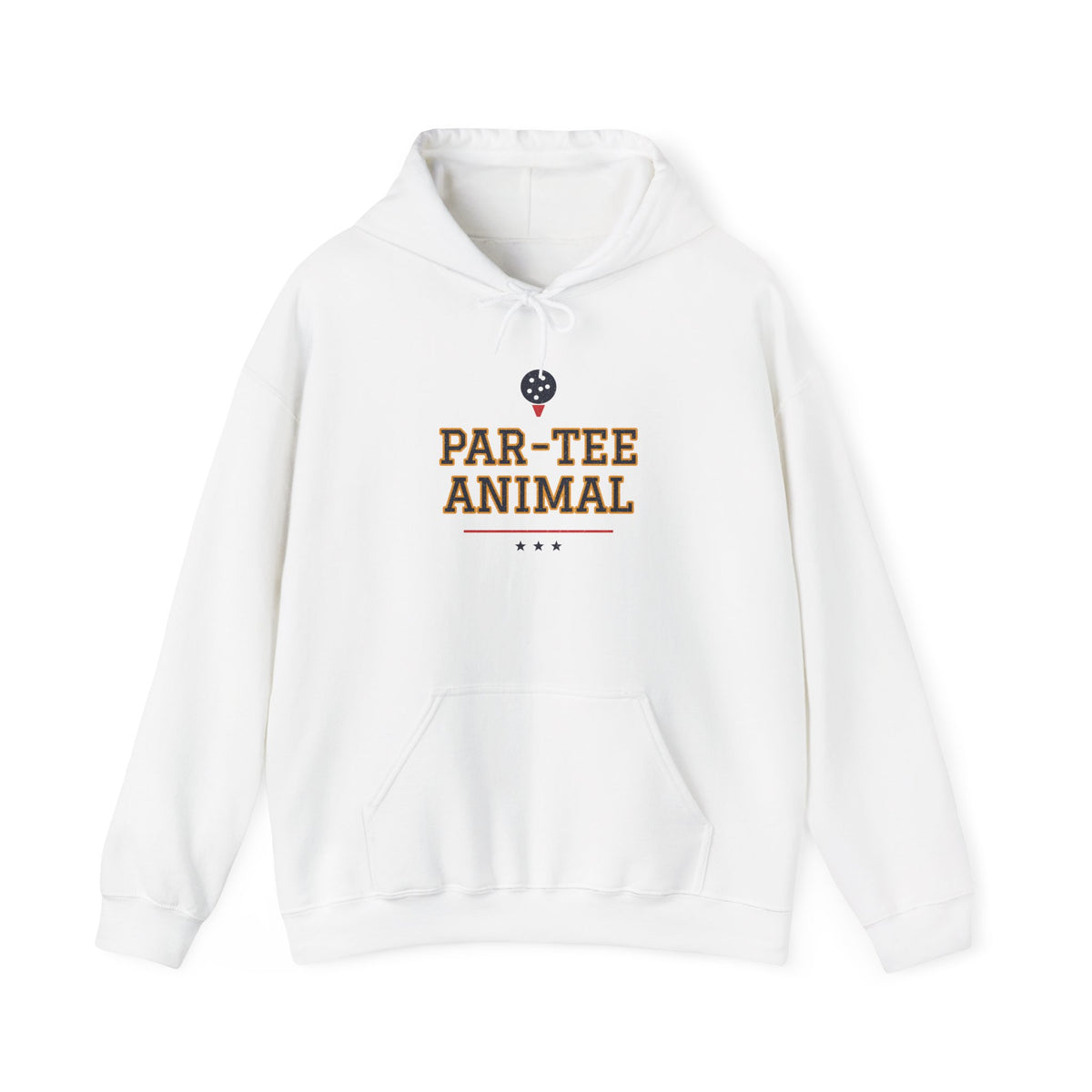 White pullover hoodie with kangaroo pocket, drawstrings, animal graphic chest print.