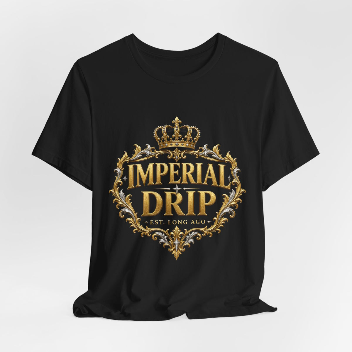 Black crewneck t-shirt front with gold crown emblem and ornate lettering