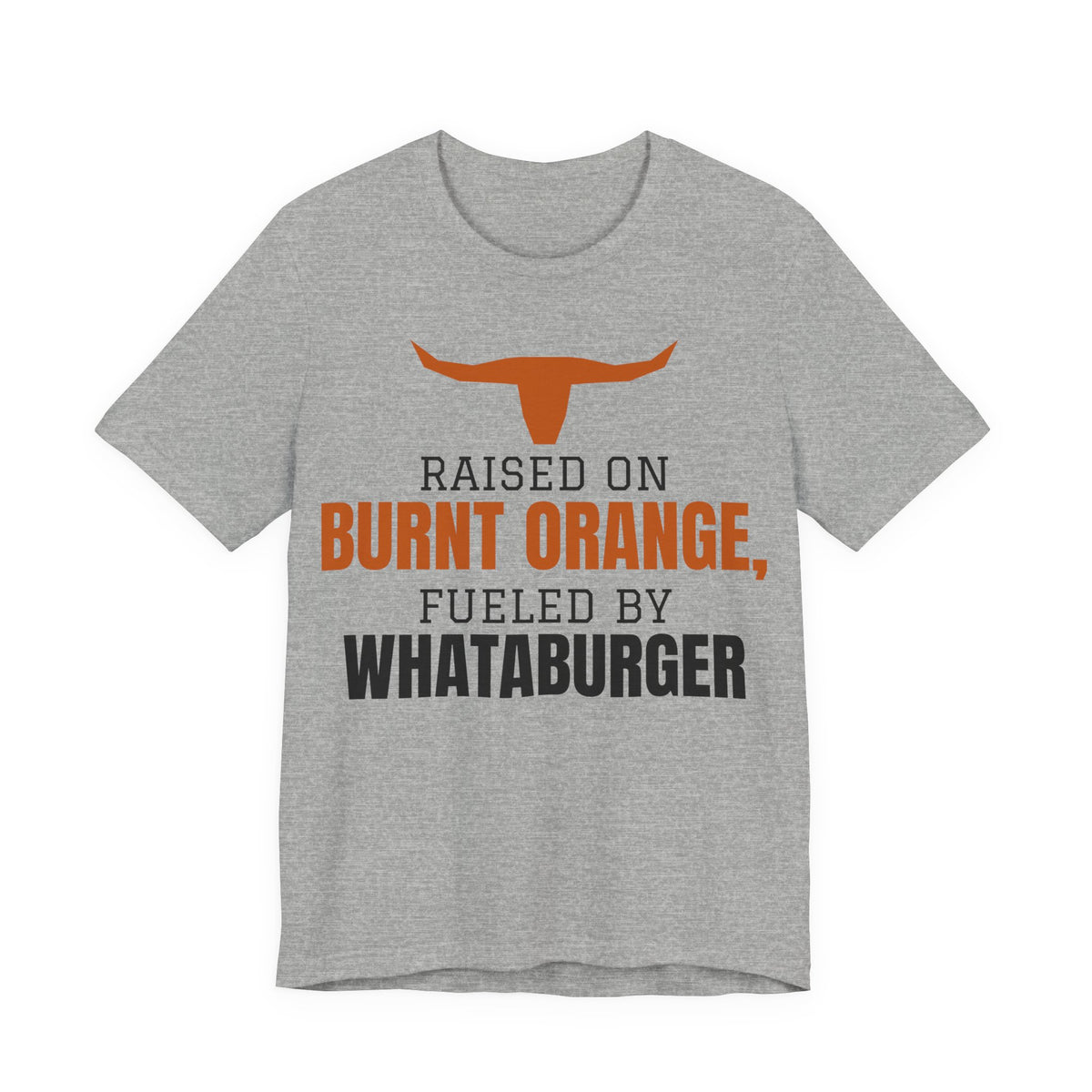 Heather gray crewneck T-shirt with orange longhorn and front slogan graphic
