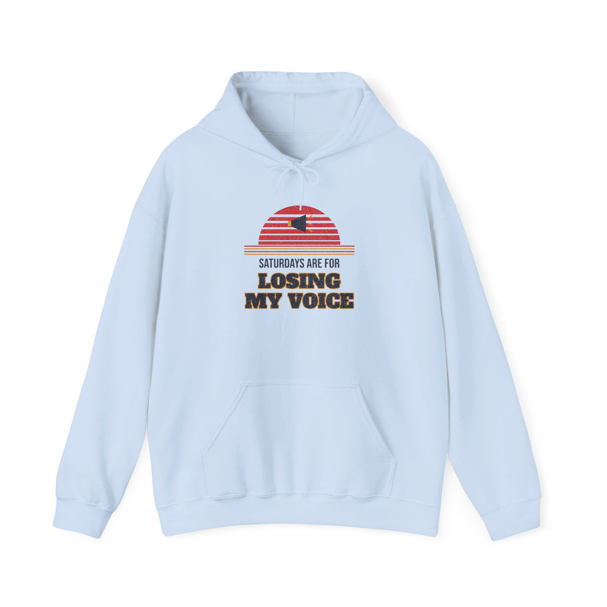 Light blue pullover hoodie with front kangaroo pocket and colorful slogan graphic