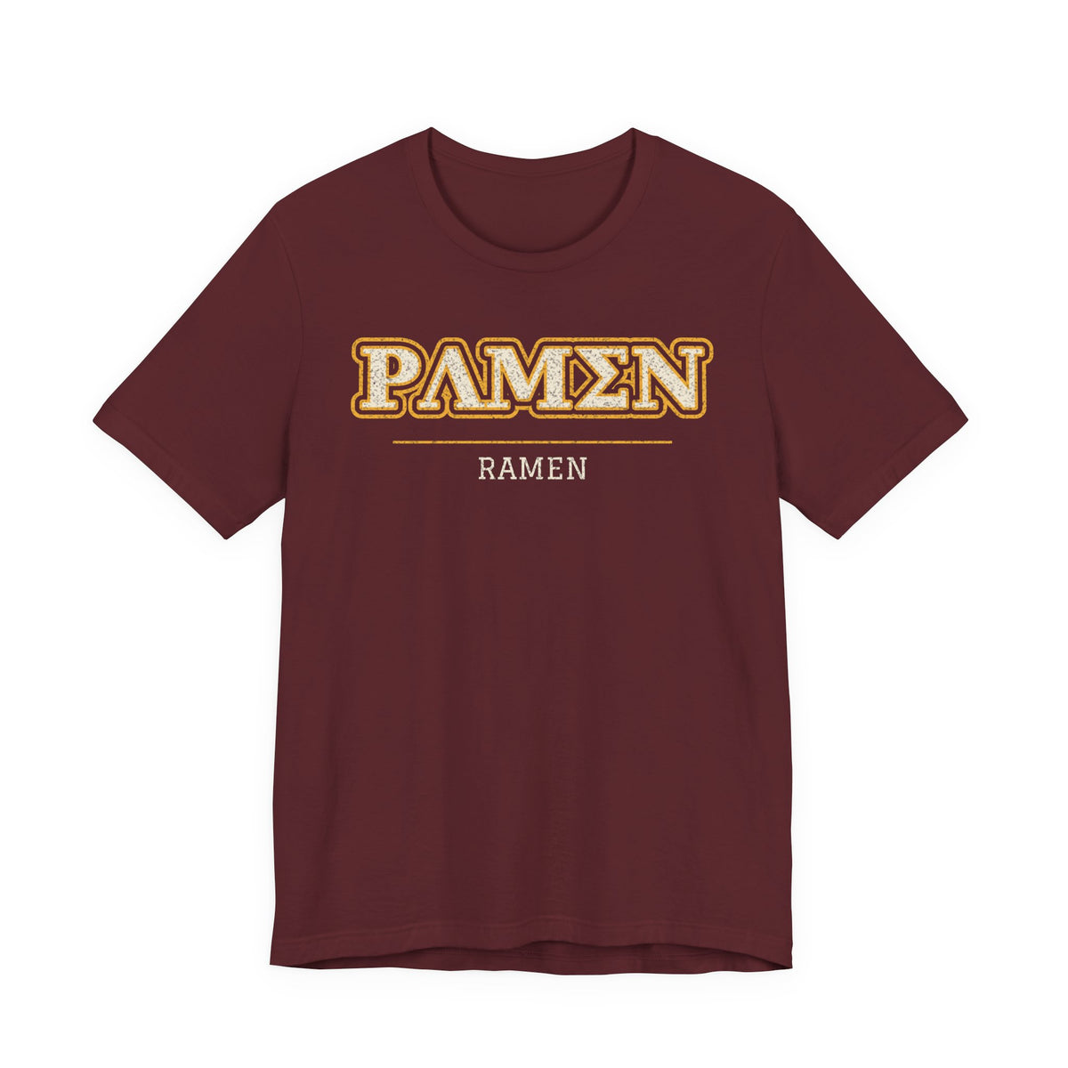 Maroon crew-neck T-shirt with PAMEN ramen graphic on chest