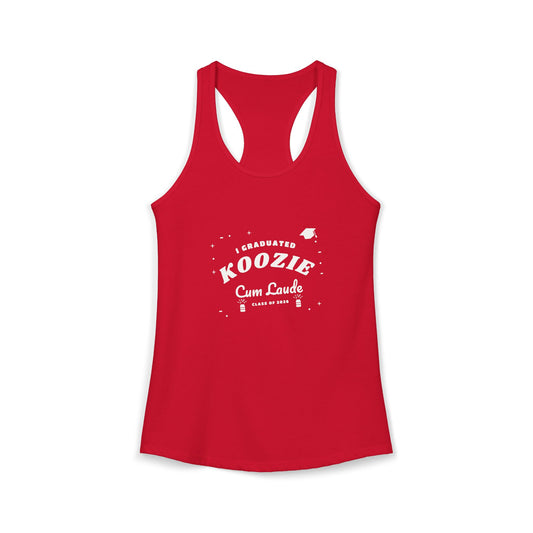Red racerback tank top with “I graduated” style graduation slogan graphic on front