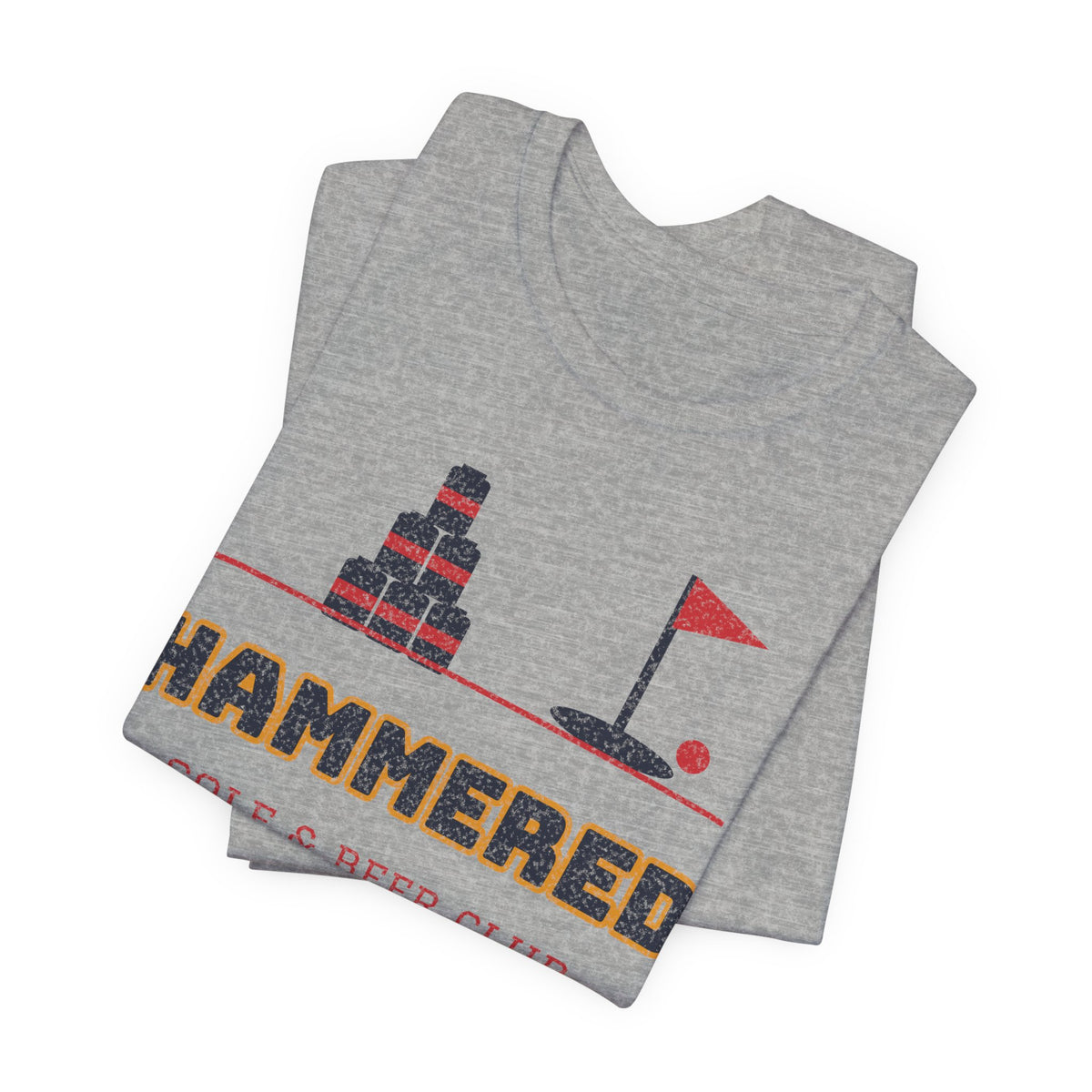 Gray heather T-shirt with “Hammered” golf and beer club graphic, crew neck