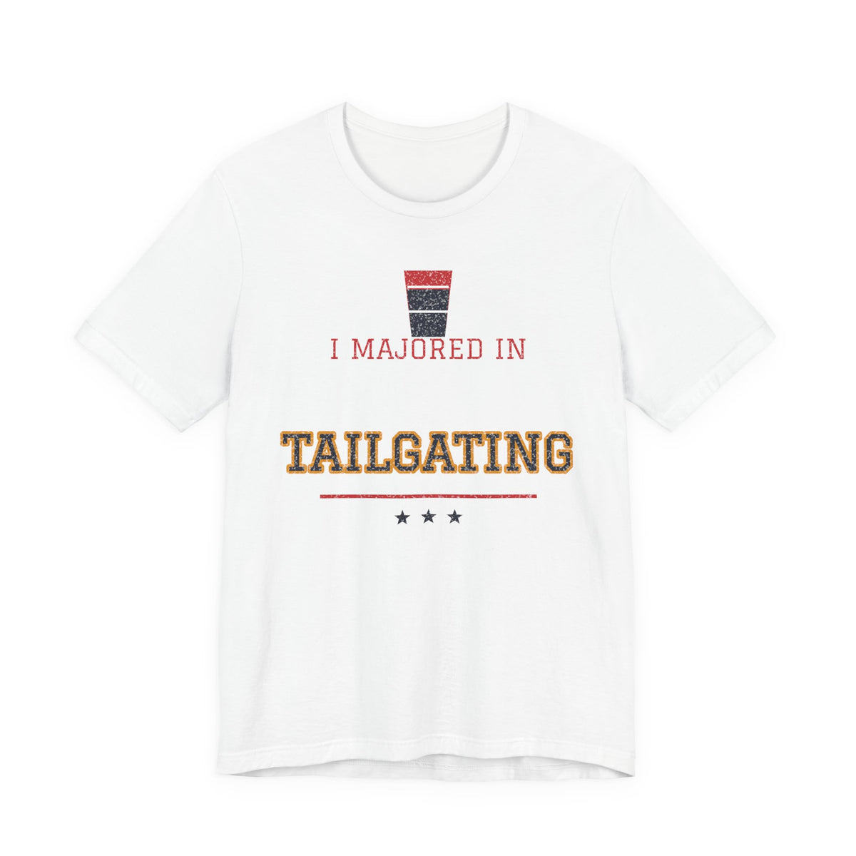 White graphic T-shirt with “I majored in Tailgating” print