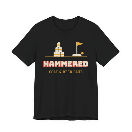 Black college t-shirt with 'HAMMERED' golf and beer club graphic