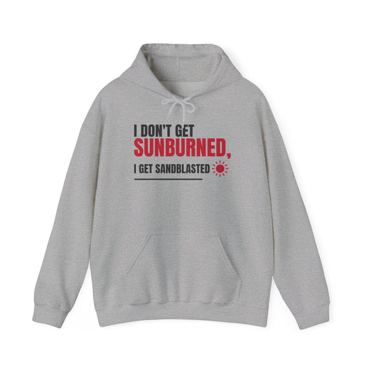Sport grey pullover hoodie with kangaroo pocket and bold front “Sunburned” graphic