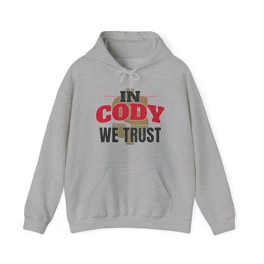 Sport grey pullover hoodie with front pocket, drawstring hood, and Cody We Trust print