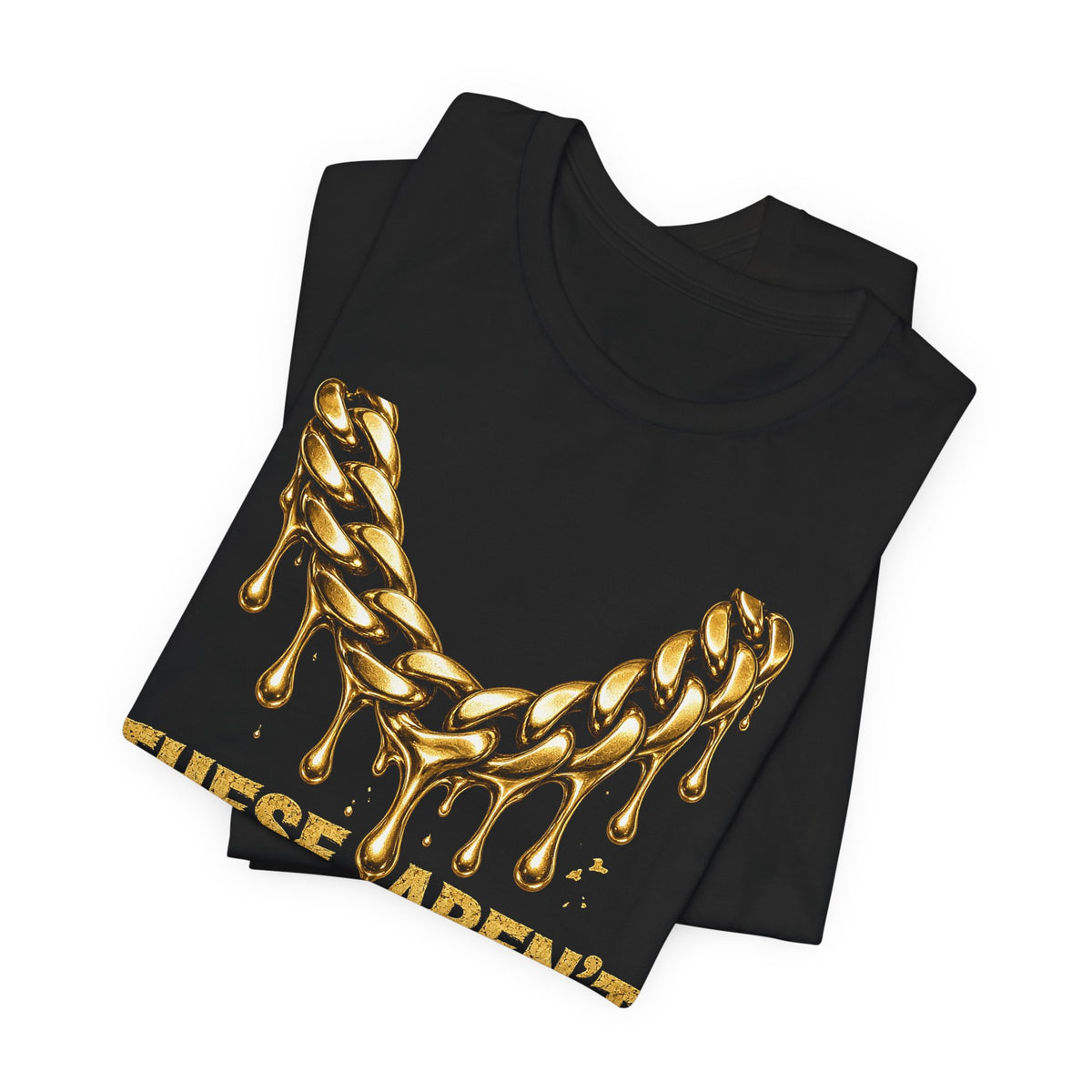 Black crewneck graphic tee, gold dripping design on front, folded for angled view