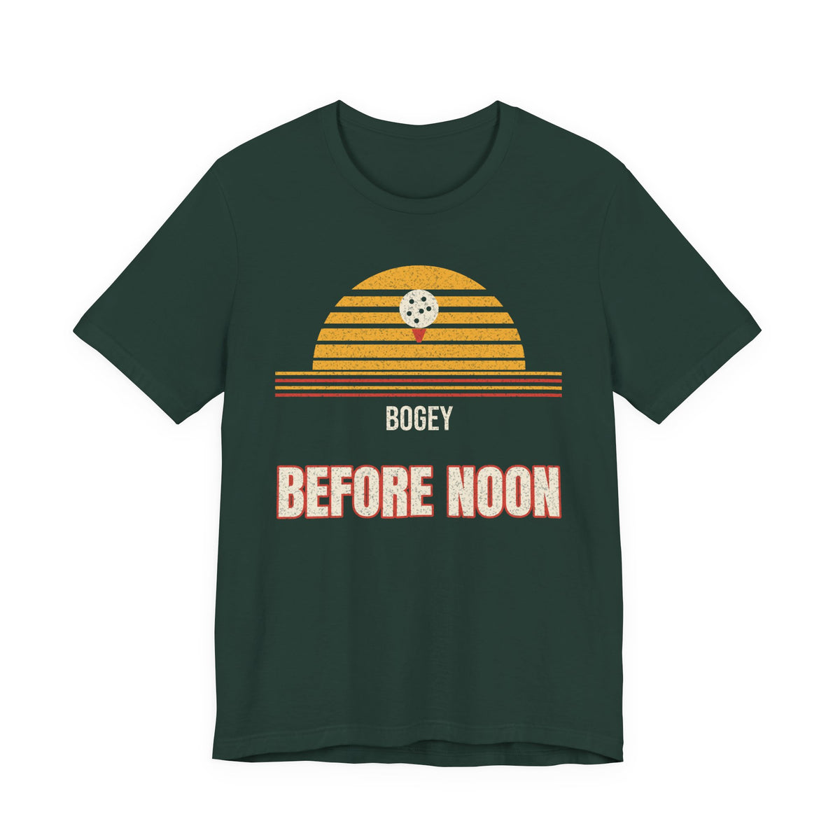 Forest green t-shirt with yellow golf-striped graphic and text: BOGEY BEFORE NOON