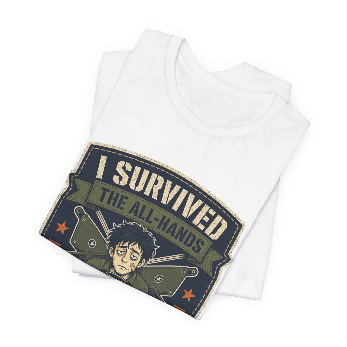 White crewneck T-shirt showing “I Survived” meeting shield graphic on folded stack