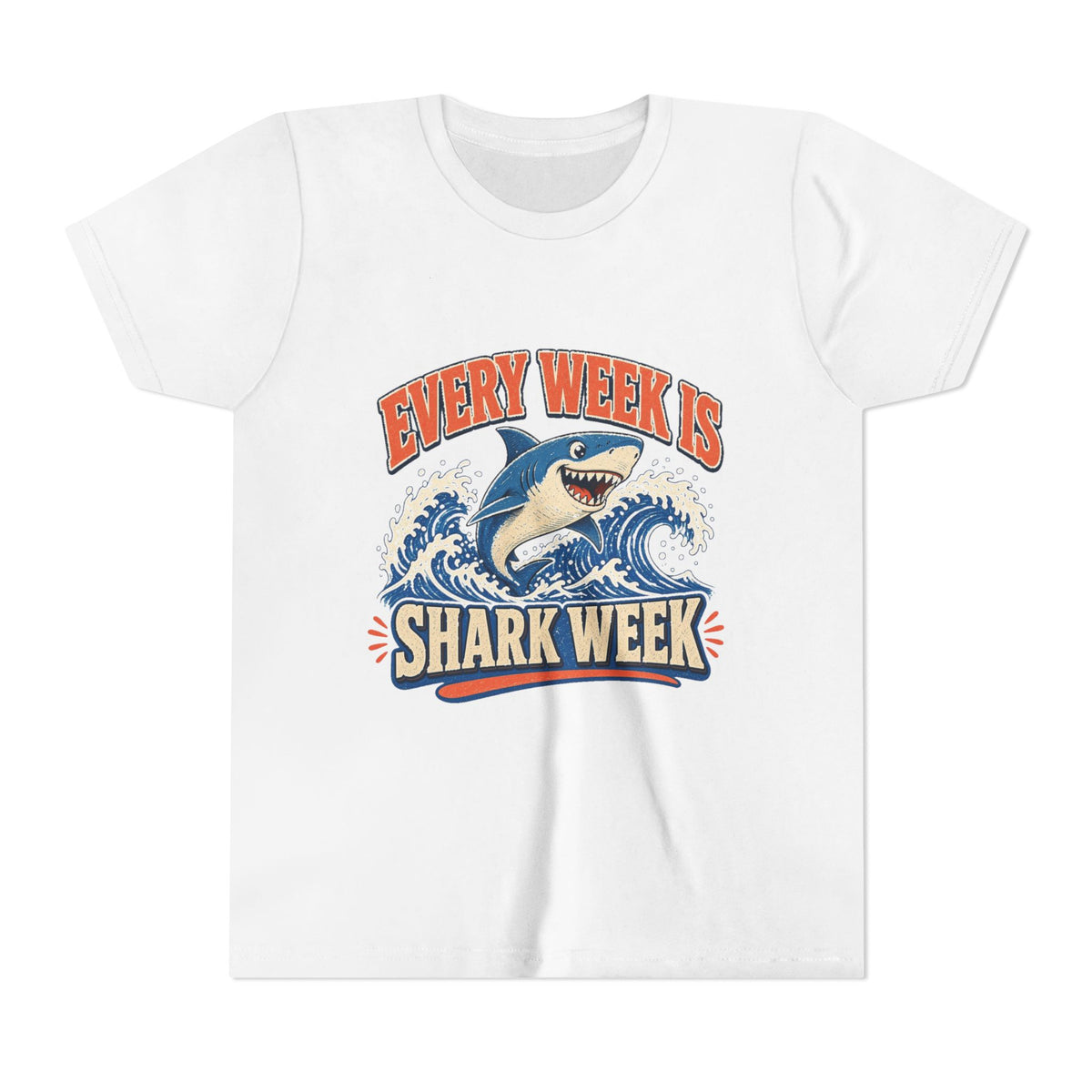 Kids graphic T-shirt, white, front with blue shark and “Shark Week” slogan