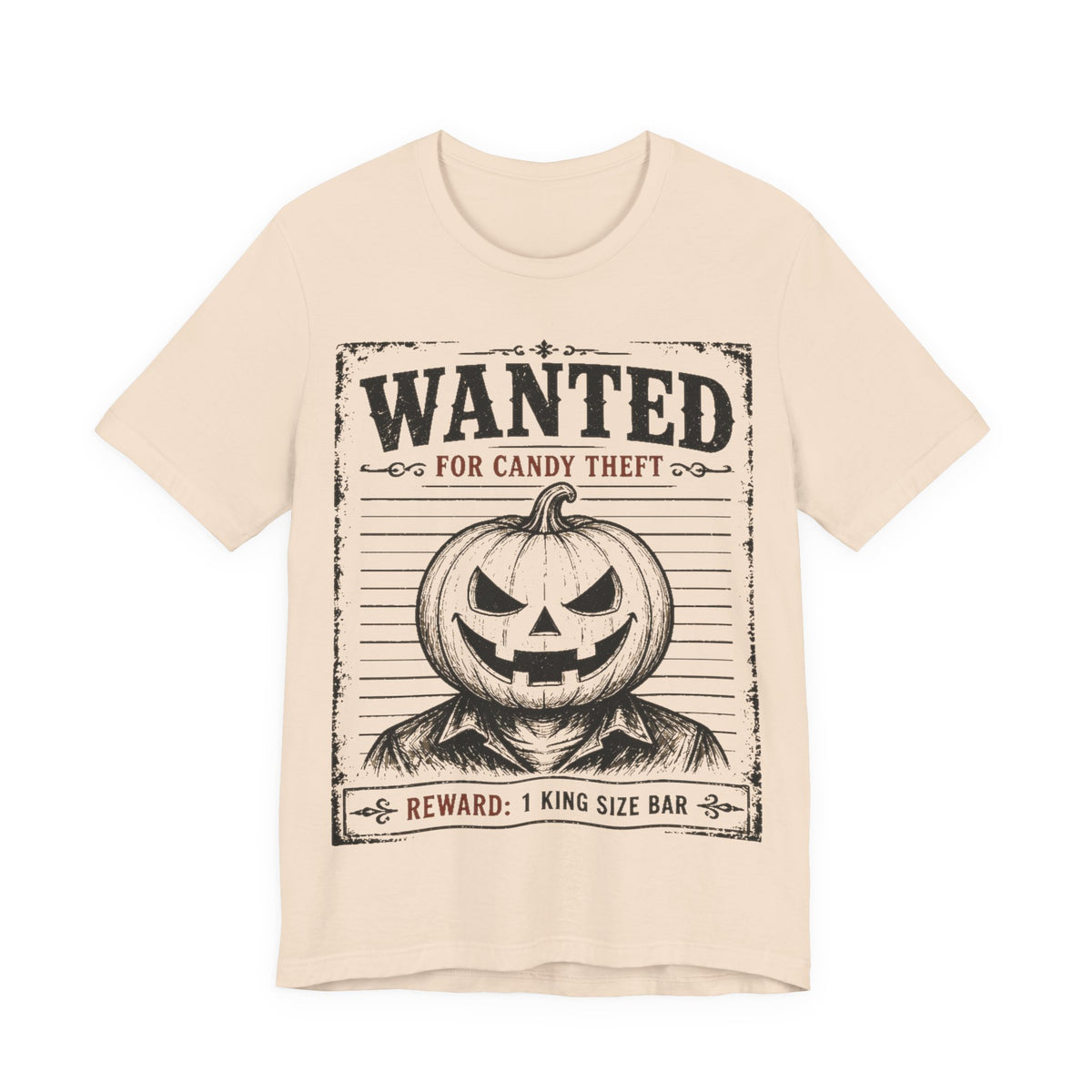 Soft cream tee with black “WANTED” jack-o-lantern graphic