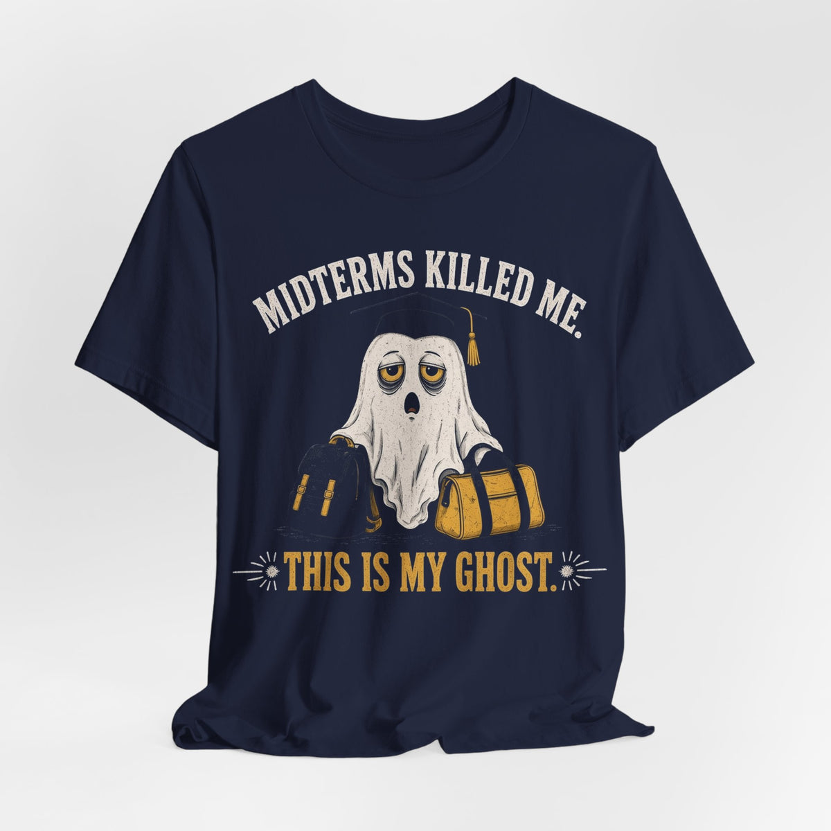 Navy graphic T-shirt with centered cartoon ghost and 'This is my ghost' text