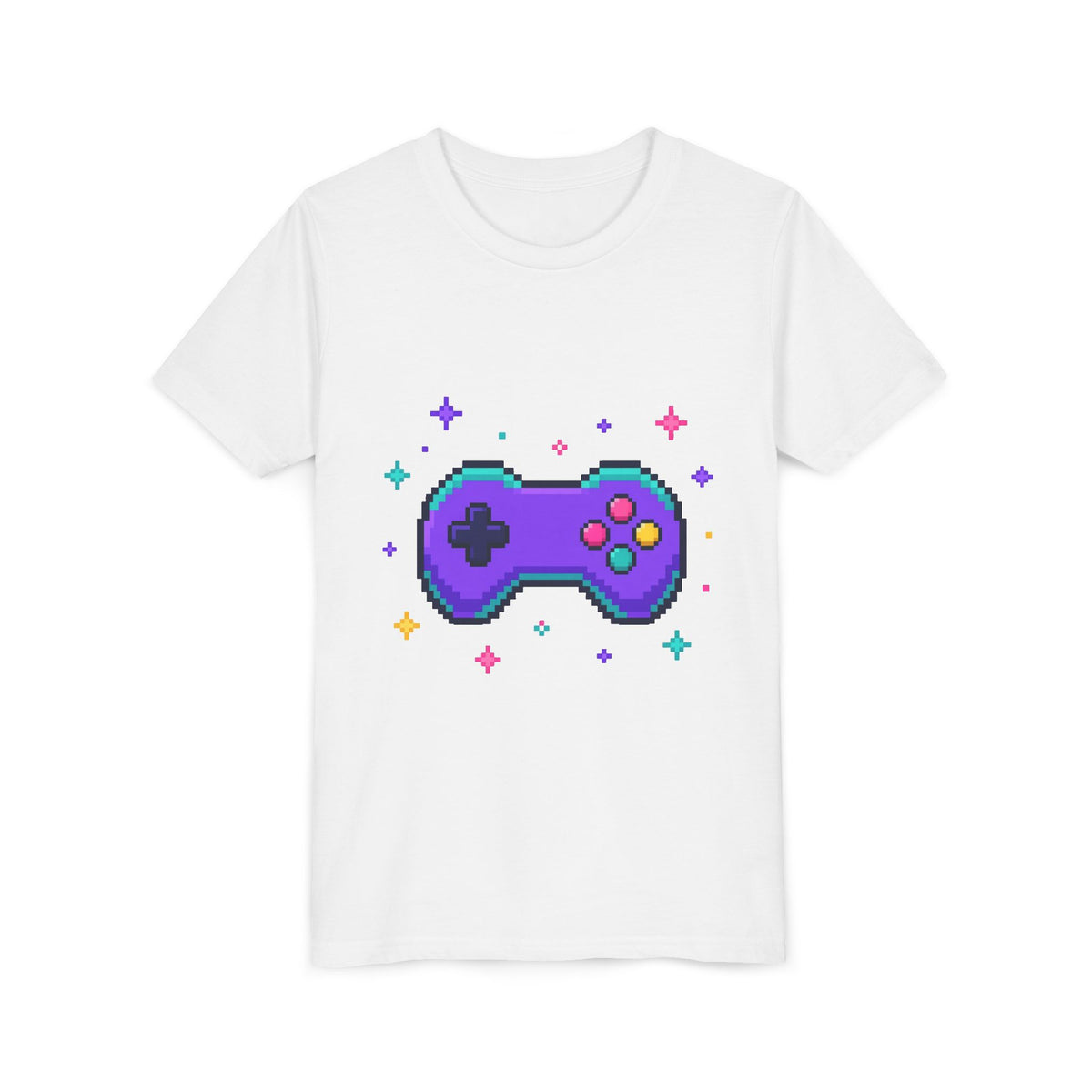 Kids graphic t-shirt in white with pixel game controller design in teal and pink