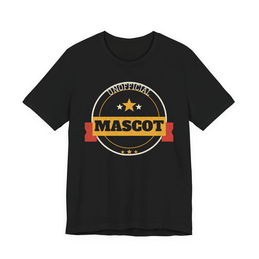 Black crewneck t-shirt with “Unofficial Mascot” circular star graphic on chest