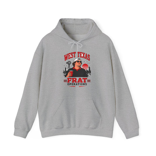 Sport grey pullover hoodie with front “West Texas Frat Operations” graphic