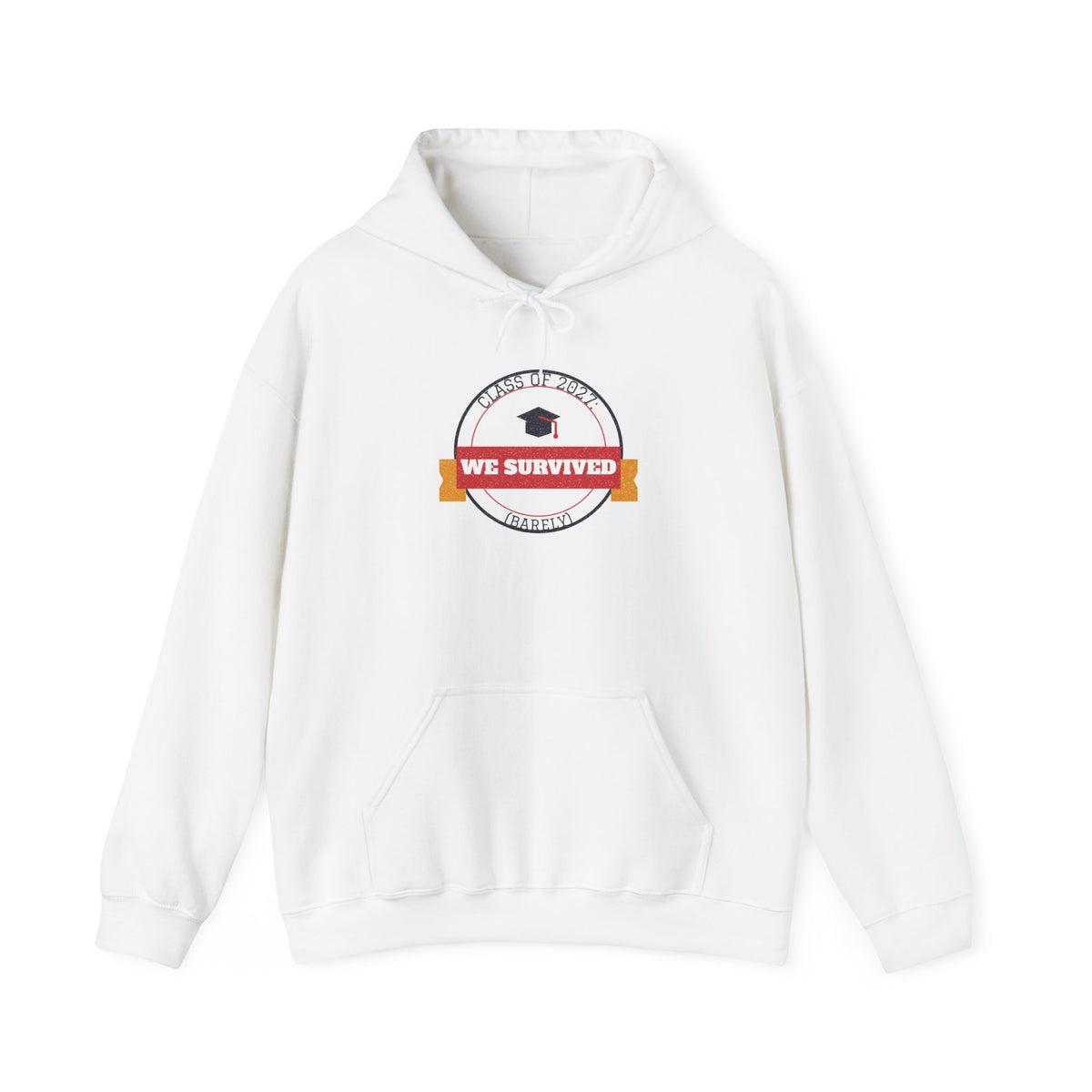 White pullover hoodie with front hood and “We Survived” graduation badge graphic