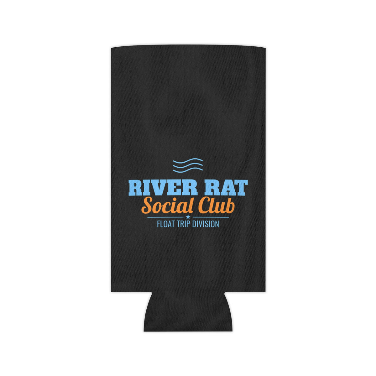 Black koozie front view with River Rat Social Club blue logo and float trip division.