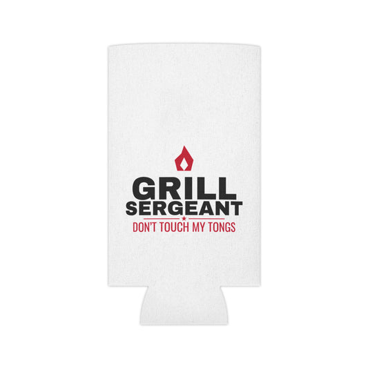 White can koozie with Grill Sergeant flame icon and red "DON'T TOUCH MY TONGS"
