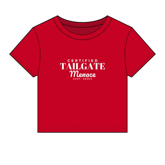 Men's red crop top T-shirt with 'Tailgate Menace' graphic on chest