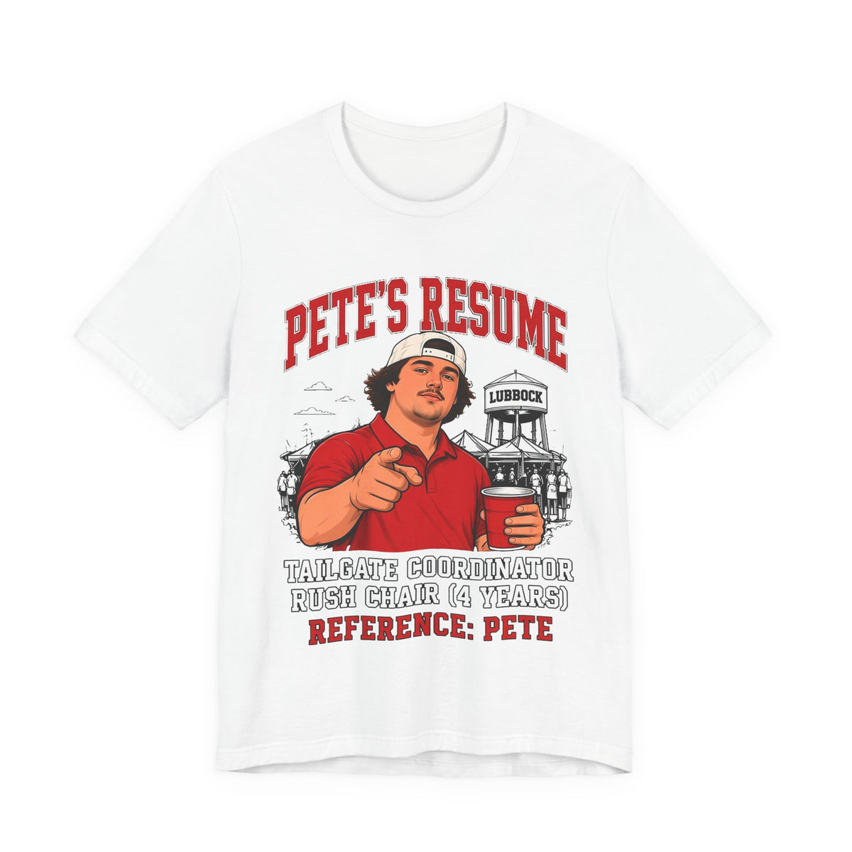 White crew neck graphic T-shirt with red illustrated slogan and town sign print