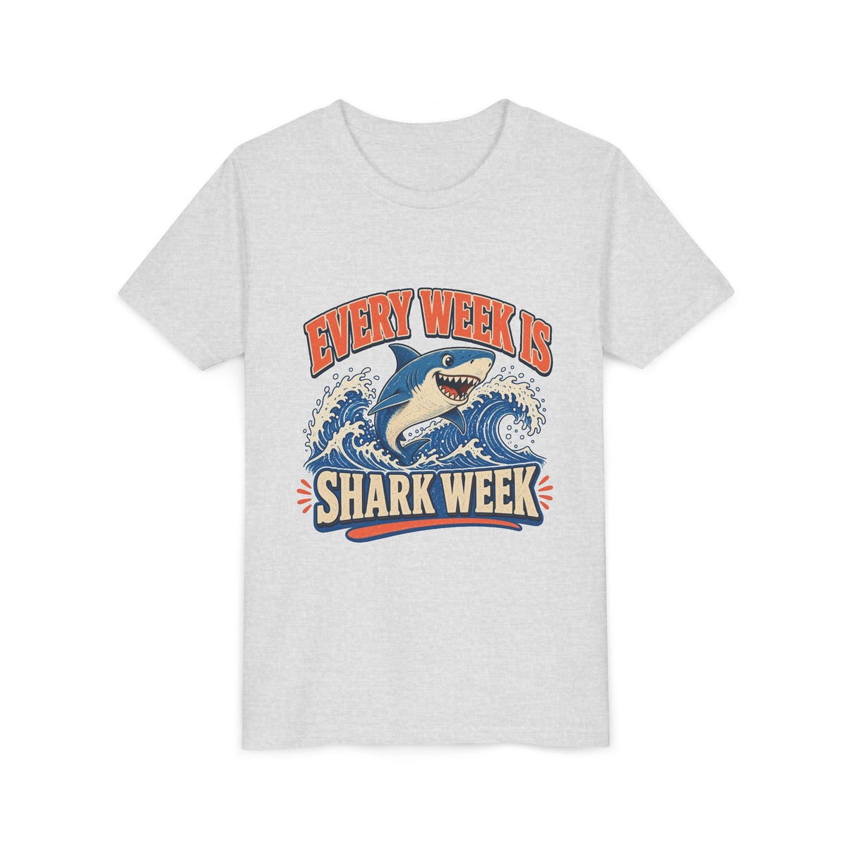 Kids graphic T-shirt, gray, front with blue shark and “Shark Week” graphic