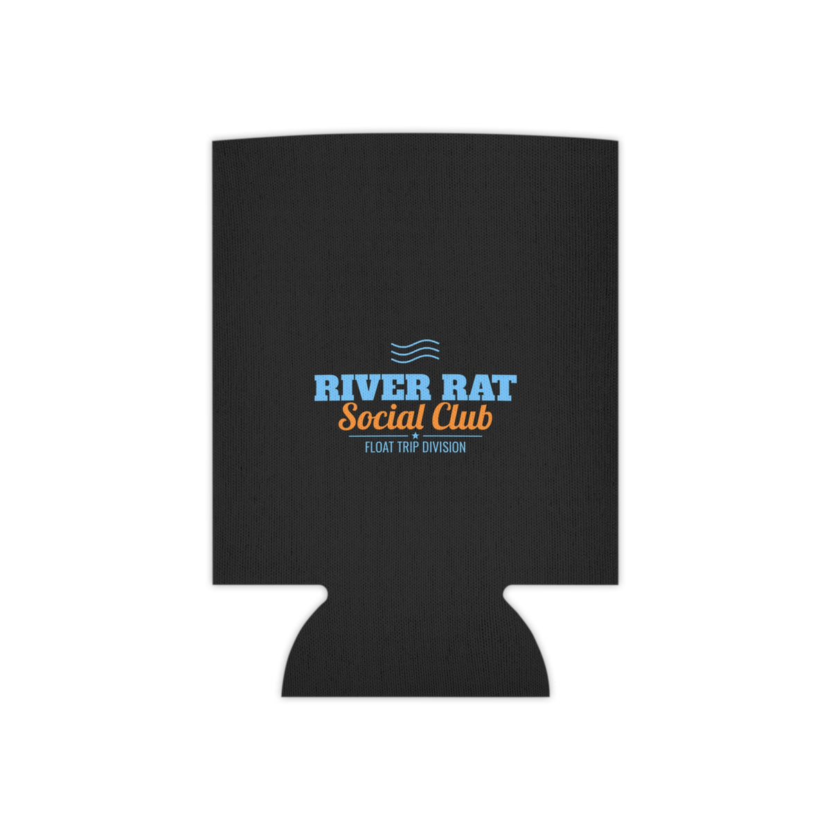 Black flat koozie with River Rat Social Club multicolor logo and float trip division.