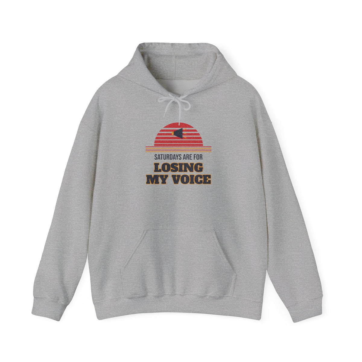 Sport grey pullover hoodie with front kangaroo pocket and colorful slogan graphic