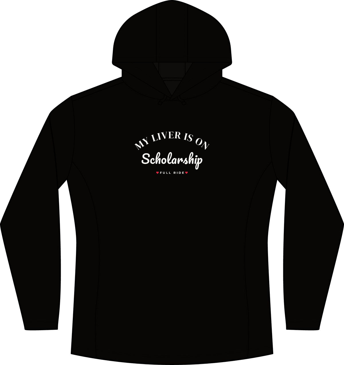 Women's black heather hoodie with chest graphic, hood and front pouch pocket
