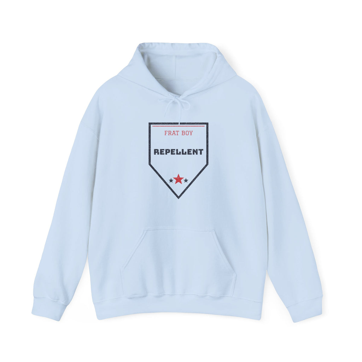 Light blue pullover hoodie with hood and front graphic badge, kangaroo pocket