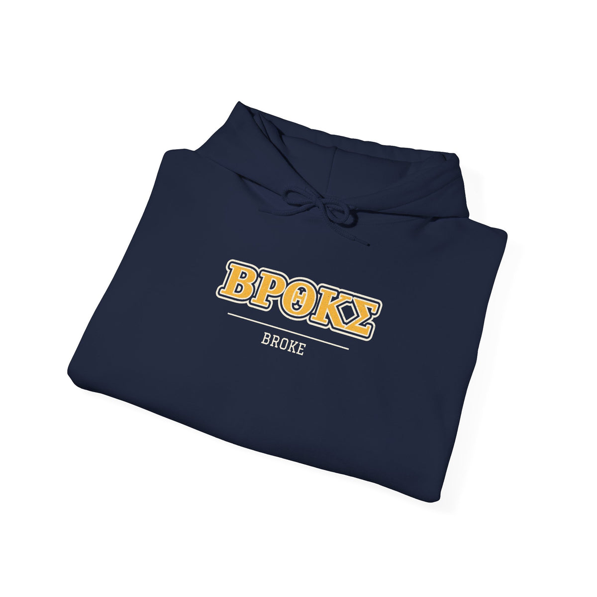 Navy hoodie with “Broke” logo graphic and drawstring hood