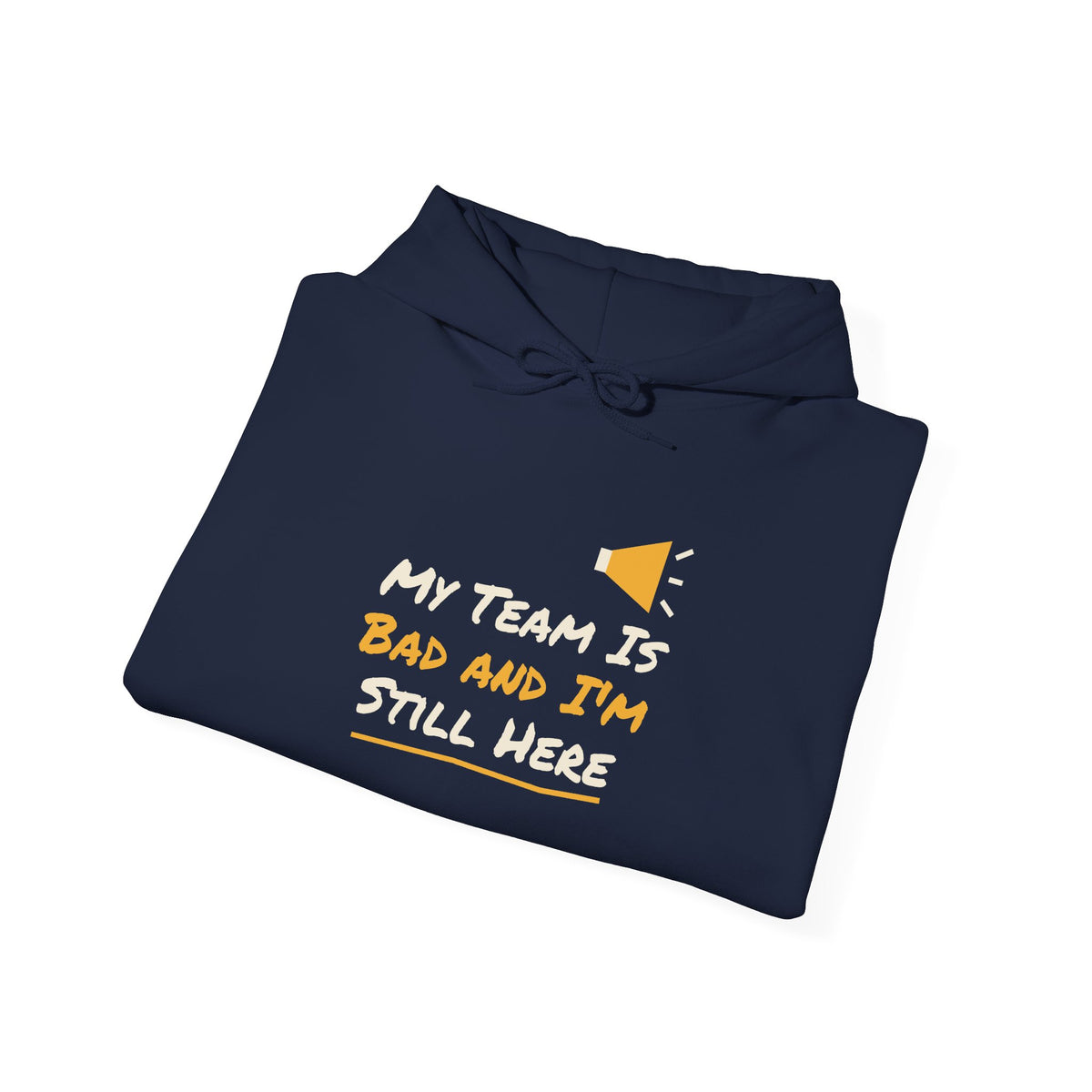Navy hoodie with front graphic text and yellow triangle detail