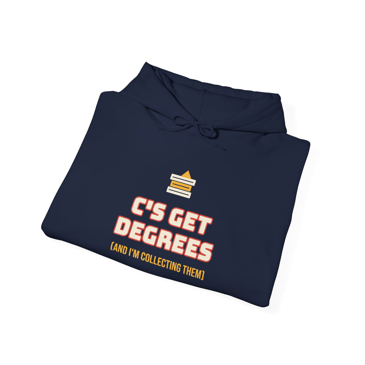 Navy hoodie with C's GET DEGREES graphic and front pocket