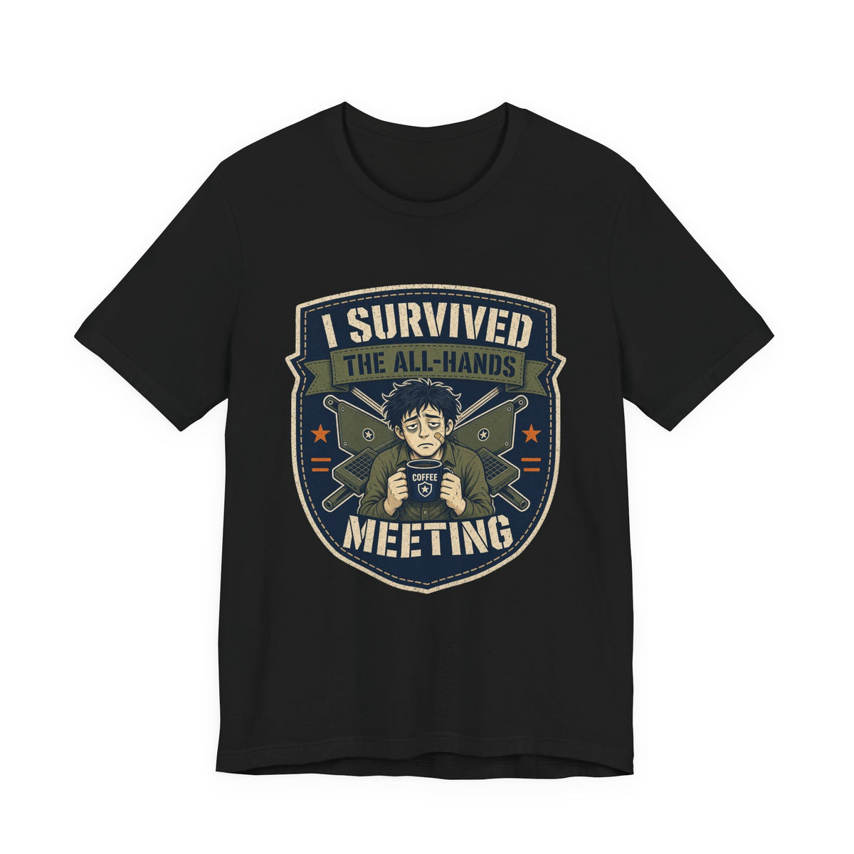 Black crewneck T-shirt with colorful “I Survived” meeting shield graphic