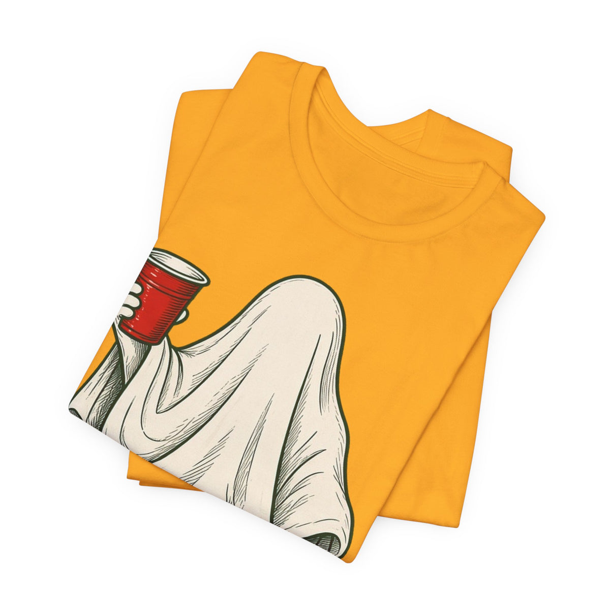 Gold crewneck T-shirt with folded-back graphic view, ghost holding red cup