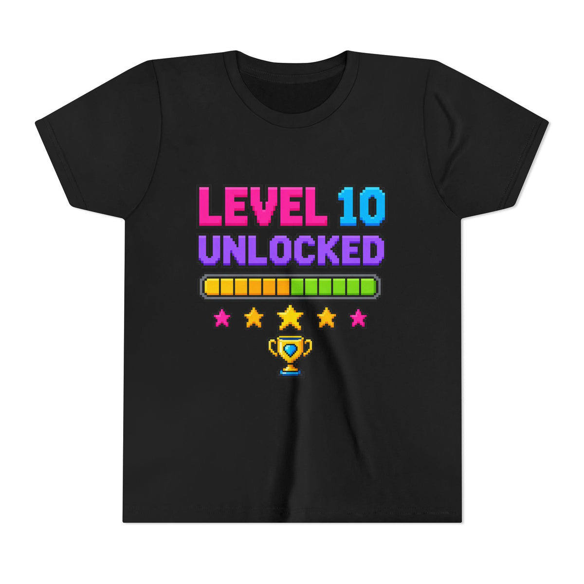 Black kids crewneck tee with “LEVEL 10 UNLOCKED” graphic, stars, and trophy