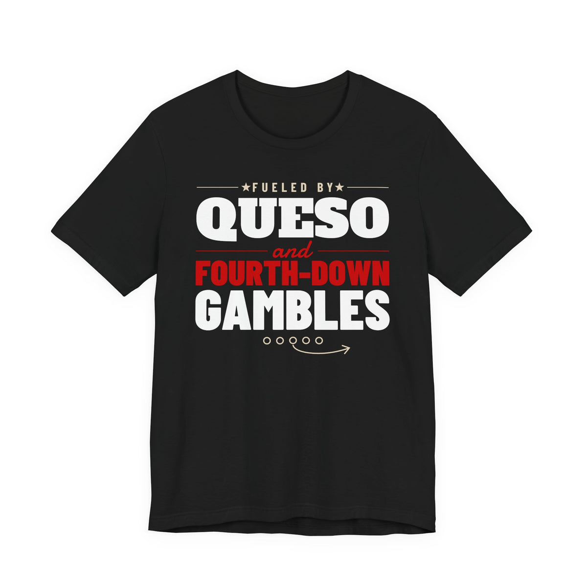Black graphic T-shirt with “Fueled by Queso” and “Fourth-Down Gambles” football print