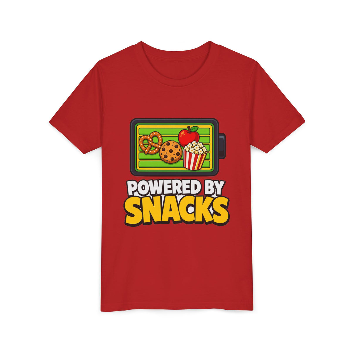 Red kids T-shirt with snack-themed graphic and bold lettering on front