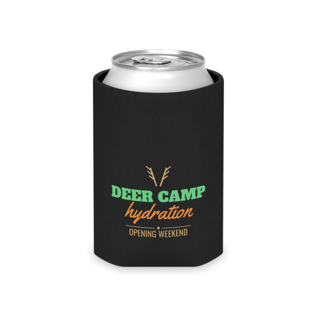 Black can koozie holding a silver soda can, deer-antler logo on front