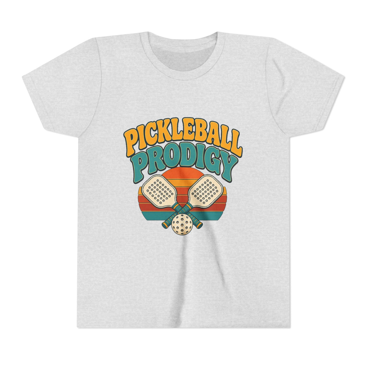 Kids heather gray pickleball tee with colorful "Pickleball Prodigy" graphic and paddles